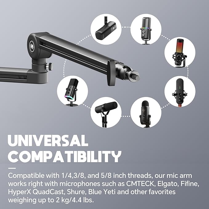 CMTECK Microphone Boom Arm, Low Profile Microphone Arm Stand with Cable Management, Desk Mount Clamp, 5.91" Extended Riser, Screw Adapter, 360° Adjustable Stick for Podcast Streaming Gaming Studio
