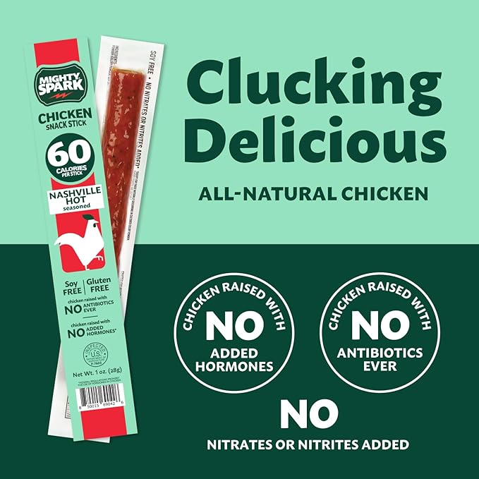 Mighty Spark Chicken Snack Sticks - Nashville Hot - 6g of Protein, No Antibiotics, No Hormones, Gluten Free, Soy Free Meat Sticks - High Protein Keto Snacks, Weight Watchers Approved - 48 Count