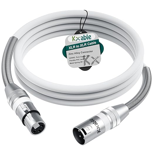 XLR Microphone Cable 3 FT, XLR Male to Female Balanced Mic Cable, 3-Pin Shielded Speaker Cord, Zinc Alloy Connectors, 22AWG Pure Copper, Metal Spring SR, Recording Studio, Podcast, White