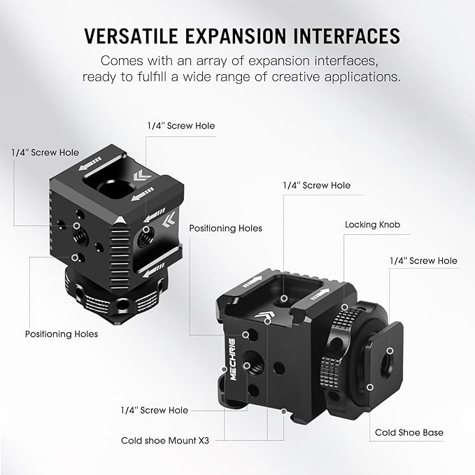 Triple Cold Shoe Mount with 1/4" Thread, Aluminum Camera Hot Shoe Extension Bracket with 3 Port Cold Shoe Mounts for LED Video Light Monitor Microphone Camera Cage (62011)