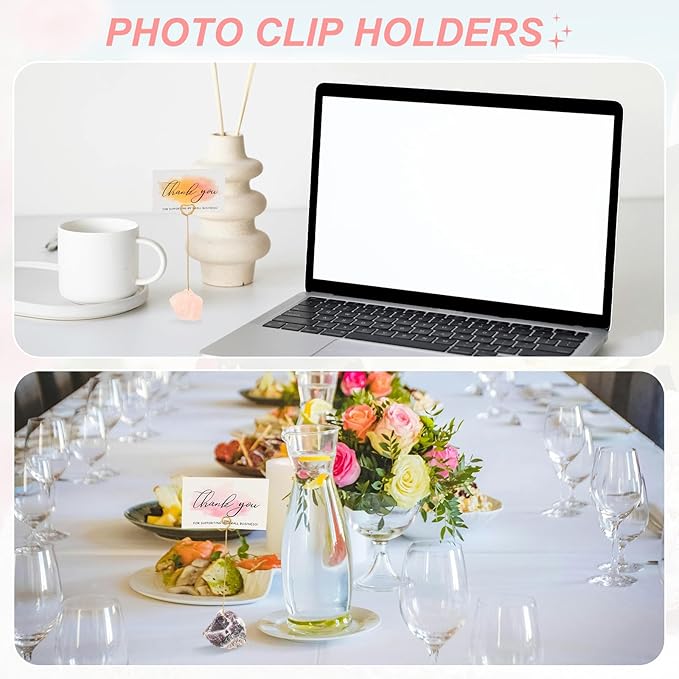 PATIKIL Table Number Holder, 2Pcs Photo Clip Holders Crystal Stone Quartz Desk Card Holder Raw Flower Shape Iron Memo Note Photo Stand for Wedding Party Home Office Decor, Yellow