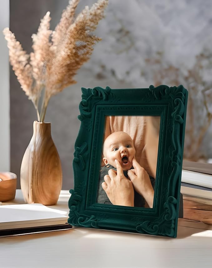4x6 Picture Frame for Portraits Wedding Photos, Small Retro Decorative Frame with Stand for Table Shelf Desk Decor, Unique Gift for Housewarming Birthday (Dark Green)