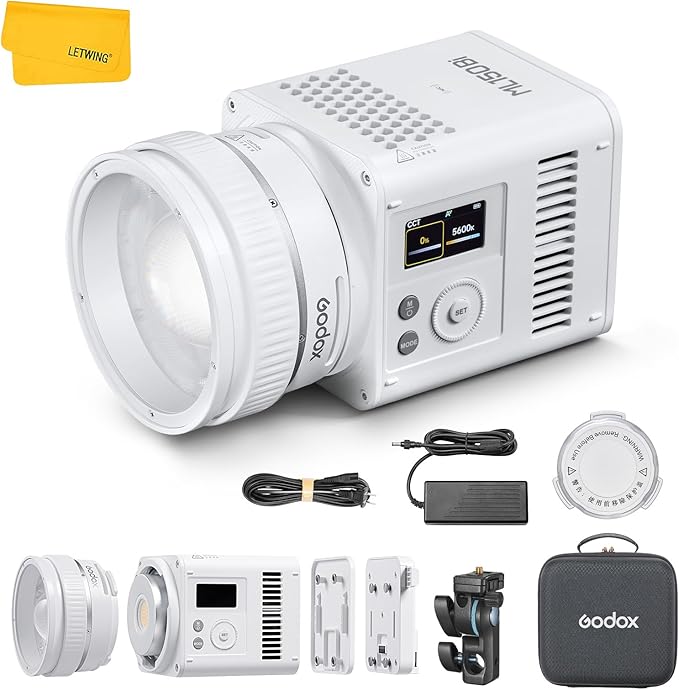 Godox ML150Bi Bi-Color COB LED Video Light 165W, 61054Lux@1m, 2800K-6500K, 11 FX, Compact COB LED Continuous Output Lighting for Studio & Outdoor Shooting, APP/DMX/RDM Control, Handheld LED Monolight