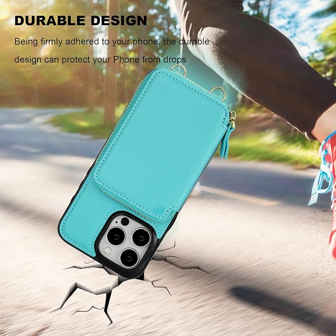 Bocasal RFID Blocking Wallet Case for iPhone 15 Pro Max, Adjustable Crossbody Zipper Purse Card Holder with Kickstand and Detachable Wrist Strap, PU Leather Flip Folio Case 6.7 Inch 5G (Mint Green)