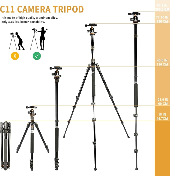 Tripod for Camera, 77" Camera Tripod Stand, 360 ° Ball Head Professional Aluminum DSLR Tripod & Monopod, Heavy Duty Travel Tripod Compatible with Canon Nikon Binoculars Laser Telescope(Gold)