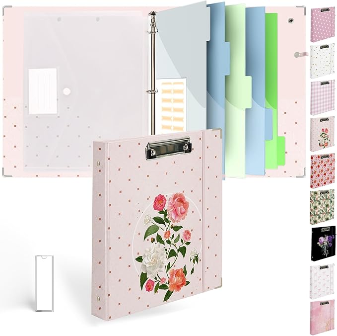 Etzul 3 Ring Binder 1 inch with Clipboard - Soft Pink Floral Design, Includes Dividers, File Bag & Spine Label - Perfect for Students, Teachers, and Professionals, Holographic Waterproof Film