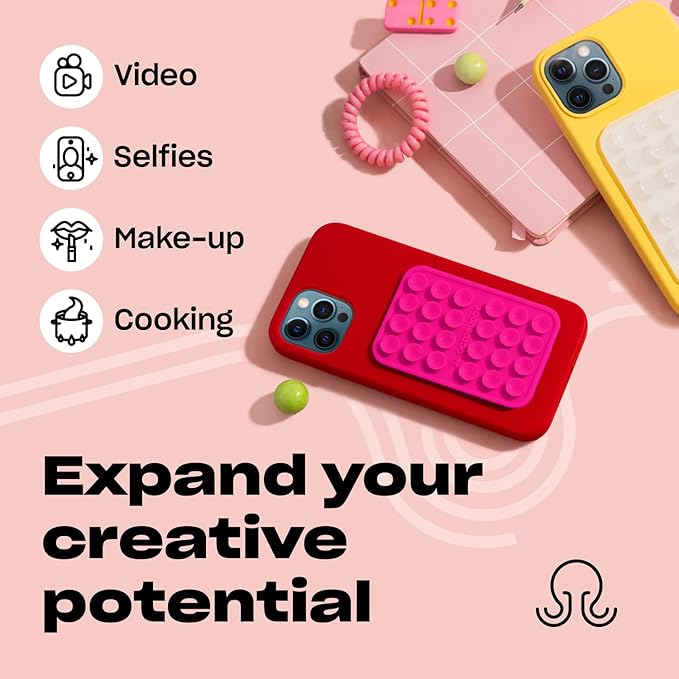 OCTOBUDDY Classic - Silicone Suction Phone Case Adhesive Mount - Hands-Free, Strong Grip Holder for Selfies & Videos - iPhone & Android Compatible - 2.25″ x 3.25″, Hot Pink