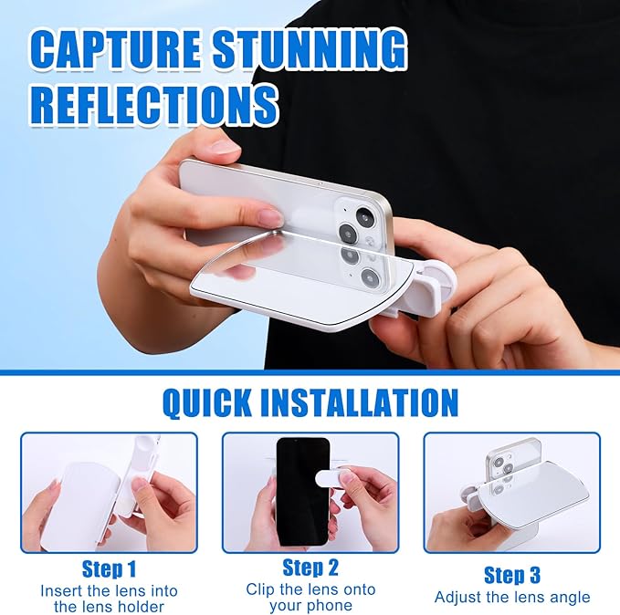 Mirror Reflection Clip, Smartphone Camera Mirror Reflection Clip Kit, Smartphone Selfie Reflector - Adjustable HD Glass Reflection Mirror, Travel Size for Creative Photography (White)