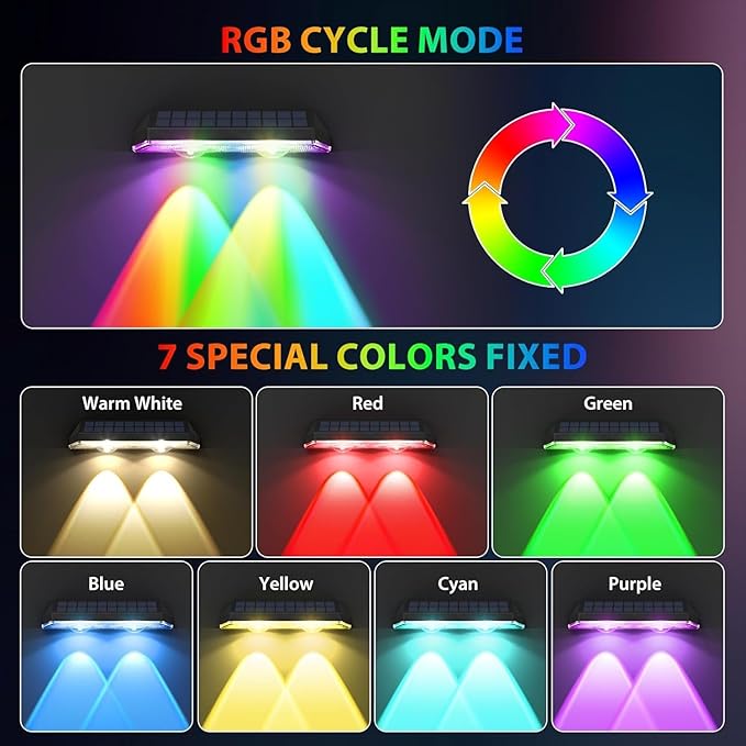 Solar Fence Lights,RGB & Warm White & 6 Colors Lens LED Dusk to Dawn Deck Light Outdoor Waterproof, Solar Outdoor Lights for Backyard/Railing/Wall/Step/Patio/Pool Set of 2