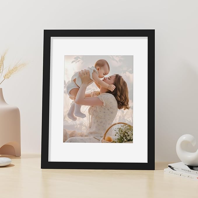 Vittanly 11x14 Picture Frame, Made of Solid Wood and Shatterproof Plexiglass, Display Pictures 8x10 with Mat or 8x10 without Mat, Wooden Photo Frame for Wall Mounting or Tabletop, Black, 1 Pack