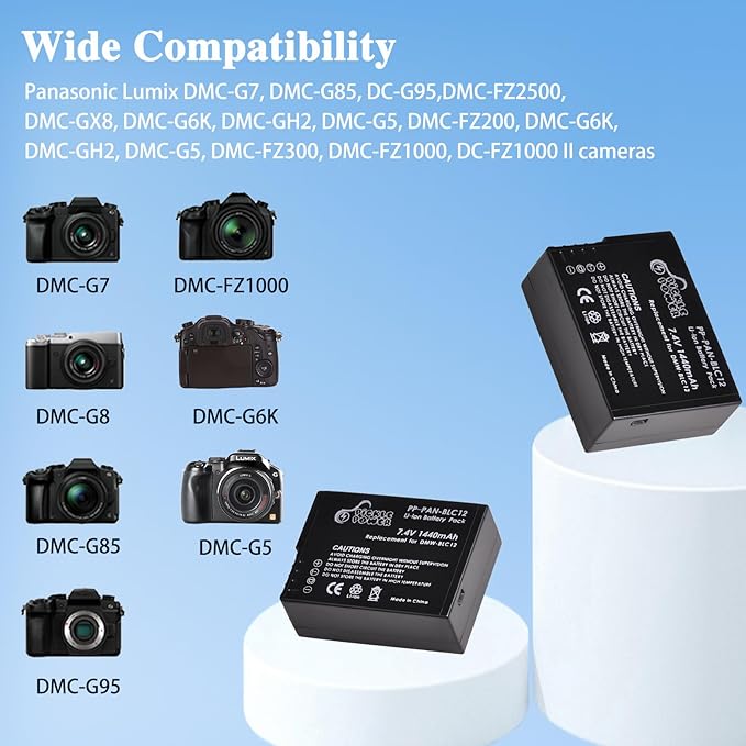 Pickle Power DMW-BLC12 DMW-BLC12PP Battery 2 Pack and Charger for Panasonic Lumix G7 G85 DMC-FZ1000,DC-FZ1000 II, DMC-FZ300, DMC-GH2, DMC-G5, DMC-G6, DMC-GX8, DMC-FZ200, DMC-FZ2500 Cameras