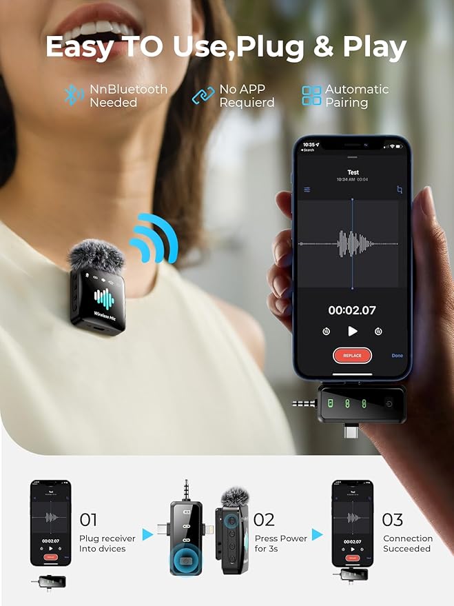 Wireless Lavalier Microphone for iPhone: Mini Microphone Noise Reduction - 328ft Transmission & 20H Battery Life for Video Recording, 3-in-1 Universal Camera & Android, Clip,Valentine's Day
