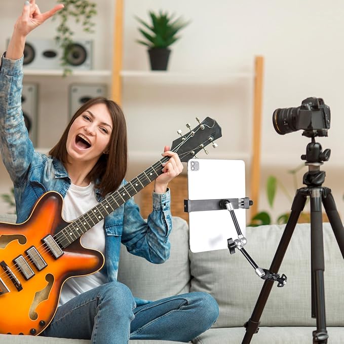 Tablet Holder with Super Clamp&10″ Long Aluminum Alloy Magic Arm for Microphone Stand, Side Mount iPad Mic Music Stand Holder Compatible with iPad Pro 12.9 Air Mini/Nexus/Samsung Galaxy Tab