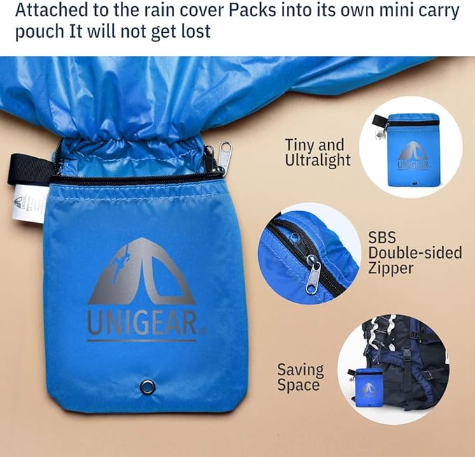 Unigear Backpack Rain Cover Waterproof Rating 5000mm Ultraportable and Durable with 2 Anti-Slip Buckle Strap, Integrated Carry Pouch Design (Blue, Meidum)