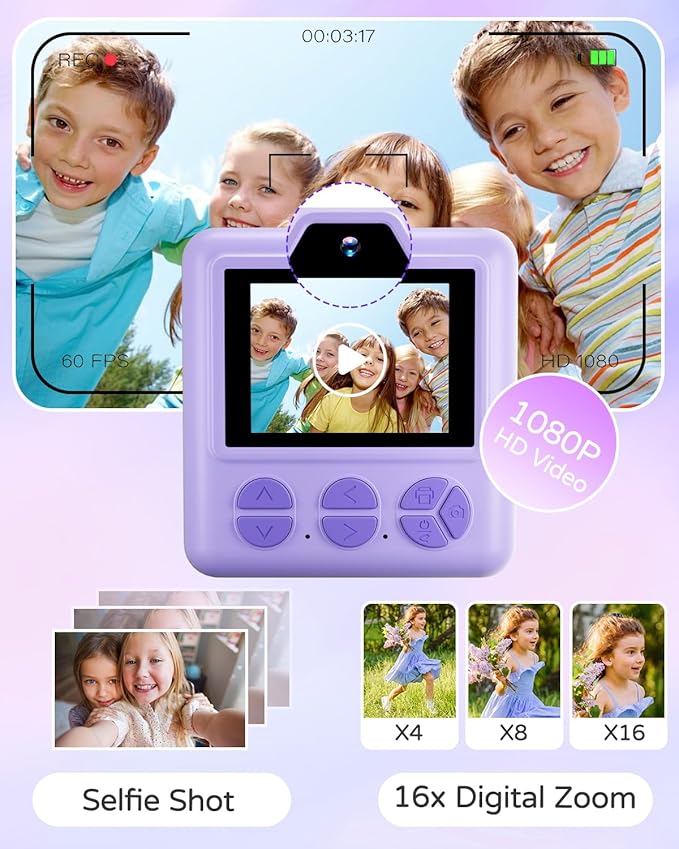 Instant Print Camera for Kids, Digital Selfie Cameras with Carry Case & 5-Color Paper, Portable Toddler Toy Christmas Birthday Gifts for 3 4 5 6 7 8 9 10 11 12 Year Old Girls - Purple