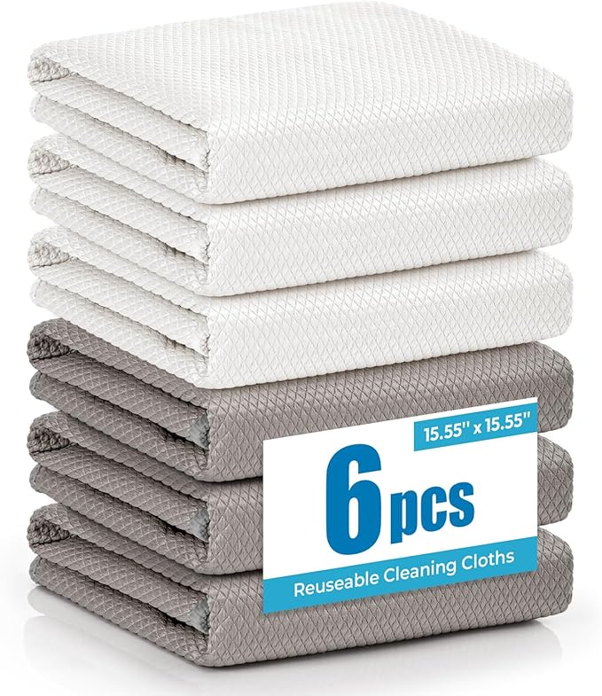 Glass Cleaning Cloth - 6 Pack Lint Free Stainless Window Cleaning Cloth,15.55” x 15.55” Microfiber Cleaning Cloth,Glass Towels for Polising Mirrors Stainless Steel Surface (White Grey)