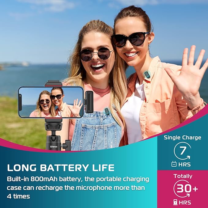 ULANZI J12 Wireless Lavalier Microphone for iPhone iPad, 2-in-1 Plug-Play Mic with Charging Case for Phone Video Recording, 65ft Transmission Range