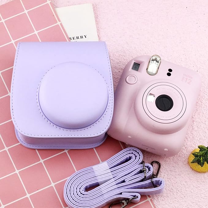 Frankmate Protective Case Compatible with Fujifilm Instax Mini 12 11 9 8 Instant Film Camera with Pocket and Adjustable Strap (Purple)