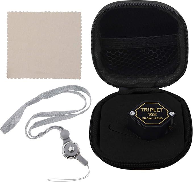 10x Magnifier Jewelry Loupe 20.5mm Triplet Lens Optical Glass Pocket Gem Magnifying Tool for Jeweler, Stamp Philatelist, Coin Numismatic, Achromatic Black Hexagonal Design Kit Set
