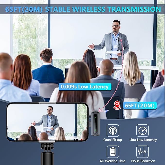 RICCHI Wireless Microphone for iPhone/iPad/Android Phone, 2 Pack Mini Microphone with Noise Cancelling & LED Display, Lavalier Microphones Clip on Lapel Mic for Video Recording, Vlog, Podcast, TikTok