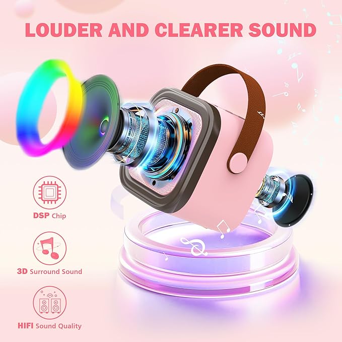Mini Karaoke Machine for Kids Adults, Portable Bluetooth Speaker with 2 Wireless Microphones,Toys Birthday Gifts for Girls Ages 4, 5, 6, 7, 8,9,10,11,12+ Family Home Party (Pink)