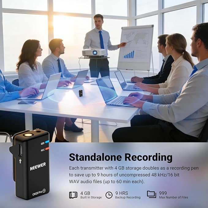 NEEWER CM28 PRO Wireless Lavalier Lapel Microphone System with Charging Case 48KHz 16 Bit Uncompressed Audio Noise Canceling 4GB Storage 9Hrs Recording Compatible with iPhone iPad Android Camera PC
