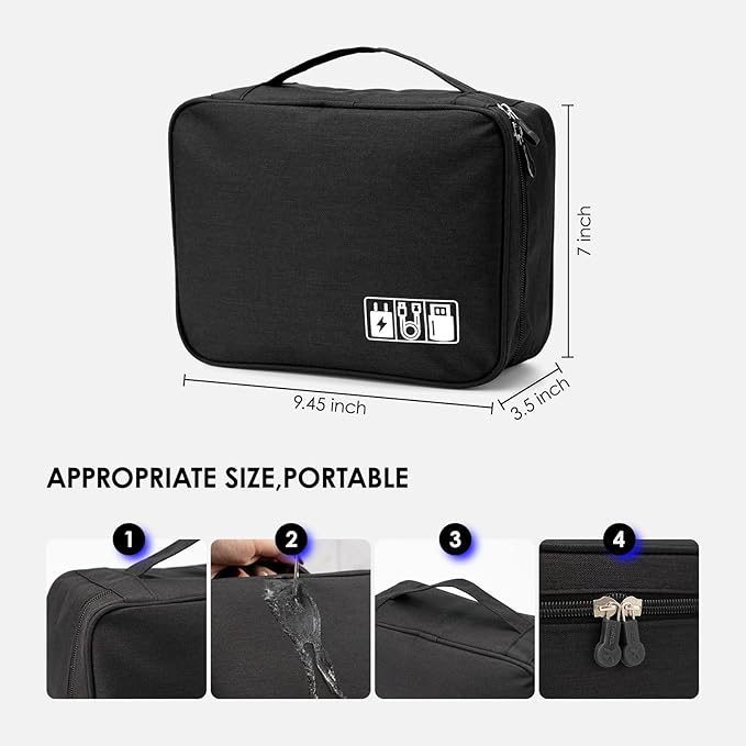 Cable Organizer bag for women or men,Electronic Accessories Carry Case Portable Waterproof Double Layers All-in-One Storage Bag for Cord, Charger, Phone, Earphone (Black)