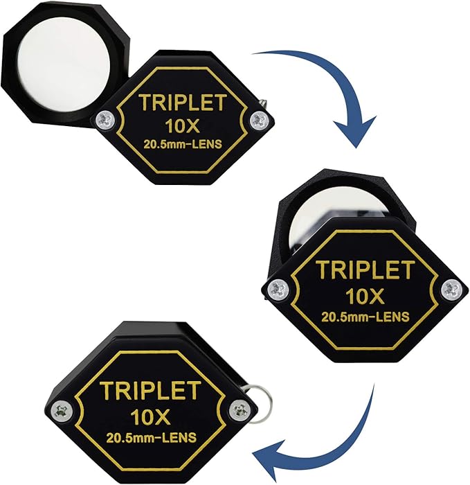 10x Magnifier Jewelry Loupe 20.5mm Triplet Lens Optical Glass Pocket Gem Magnifying Tool for Jeweler, Stamp Philatelist, Coin Numismatic, Achromatic Black Hexagonal Design Kit Set