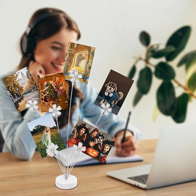 8 Branch Photo Tree Clip, Flexible Photo Frame Stand with Clips for Note Paper Wedding Photo Display Office Decoration (White)
