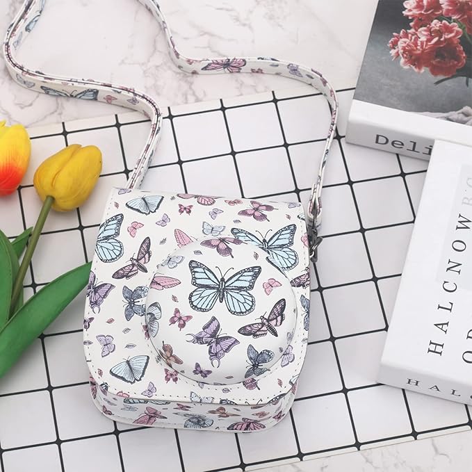 Frankmate Protective Case Compatible with Fujifilm Instax Mini 12 11 9 8 Instant Film Camera with Pocket and Adjustable Strap (Big Small Butterfly)