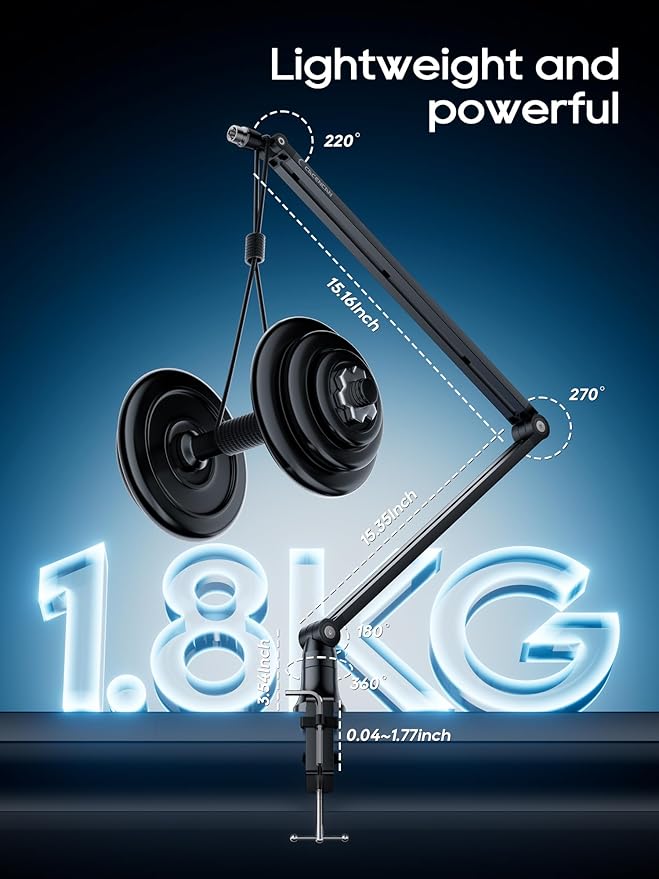 Mic Arm, Boom Arm 360° Rotatable Microphone Stand with Desk Mount, Foldable Desk Mic Arm with 3/8'' to 5/8'' Screw Adapter, Microphone Arm for Live Streaming, Gaming, Podcasting (M01)