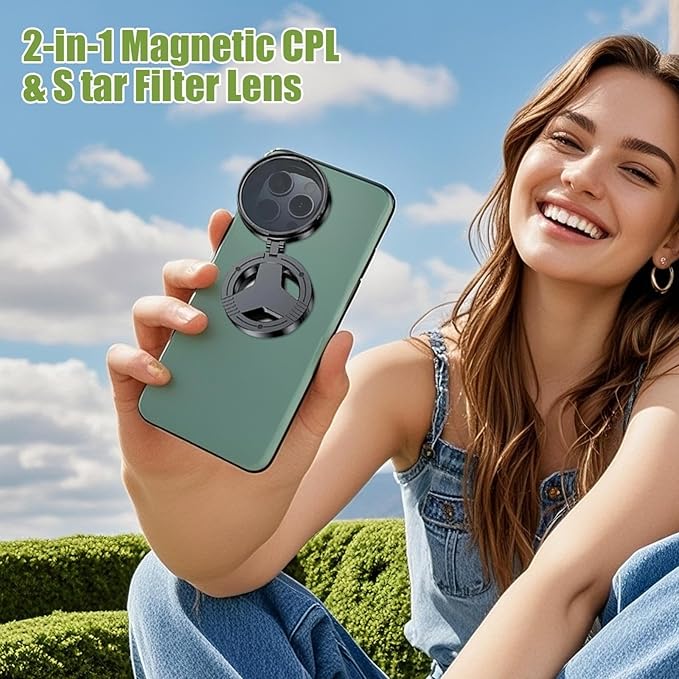 Anti Glare Magnetic Phone Filter, 52mm Polarizing Lens Quick Mount, Reduces Reflections Enhances Colors with Foldable Stand, Rotatable Polarizer Filter Compatible for Video Recording (2pcs)