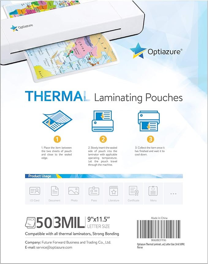 Optiazure Thermal Laminating Pouches 9"x11.5" Inches, 3mil 50Pack, Laminating Sheets, Clear, Letter Size,Office and School Supplies