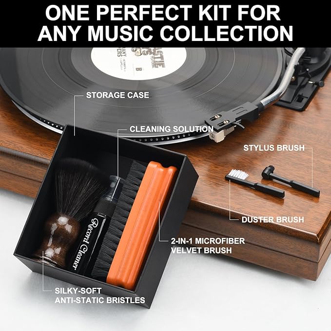 6-in-1 Vinyl Record Cleaning Kit | Vinyl Record Cleaner Kit – Includes 2in1 Velvet Microfiber Brush, Soft Antistatic Nano Fiber Brush, Cleaning Liquid, Duster & Stylus Brush, Storage Box, for Records