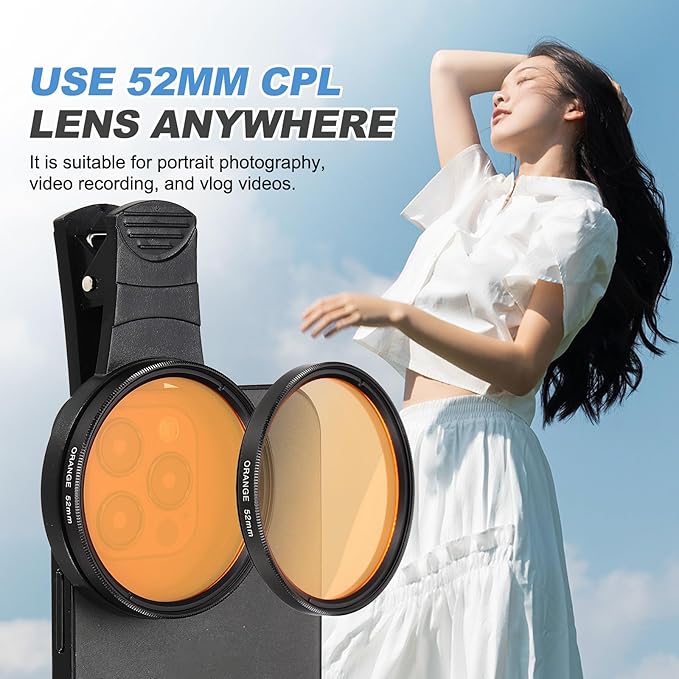 PATIKIL 52mm Phone Camera Lens, Clip-On Full Color Filter Circular Polarizing Lens for Most Smart Phones and DSLR Cameras, Orange