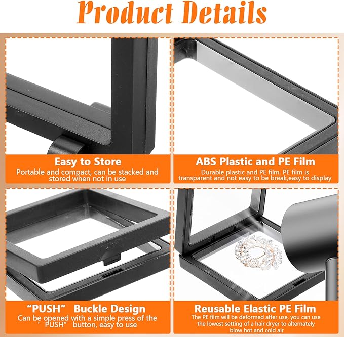 30 Pack 3D Floating Display Stand Floating Frame Display Case Coin Display Holder Transparent PE Jewelry Storage Box for Jewelry,Specimen,Medallions(Black)