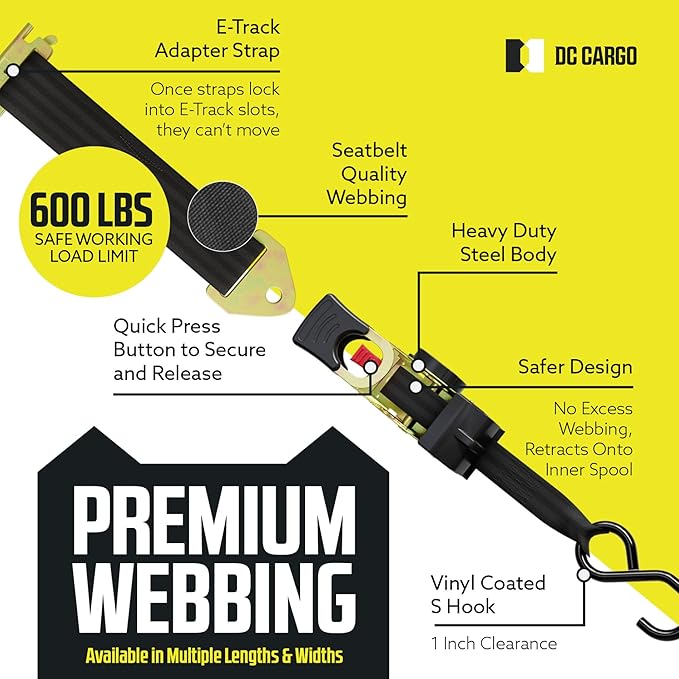 DC Cargo Mall Retractable Ratchet Straps - E-Track and Bolt-On Mounting Options (2 Pack) 1" x 6' - 4,000lbs Break Strength Heavy Duty Auto Self Retracting Tie Down Straps