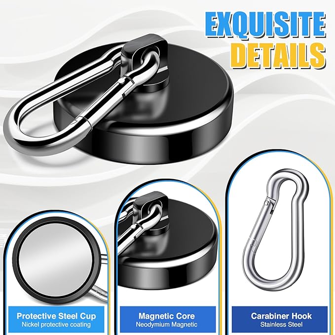 VSKIZ 200Lbs Magnetic Carabiner Hooks, 2 Pack Strong Magnetic Hooks Heavy Duty with Swivel Carabiner for Cruise, Black Neodymium Magnet Hooks Magnetic Wall Hanger for Hanging, Toolbox, Grill, Cabins