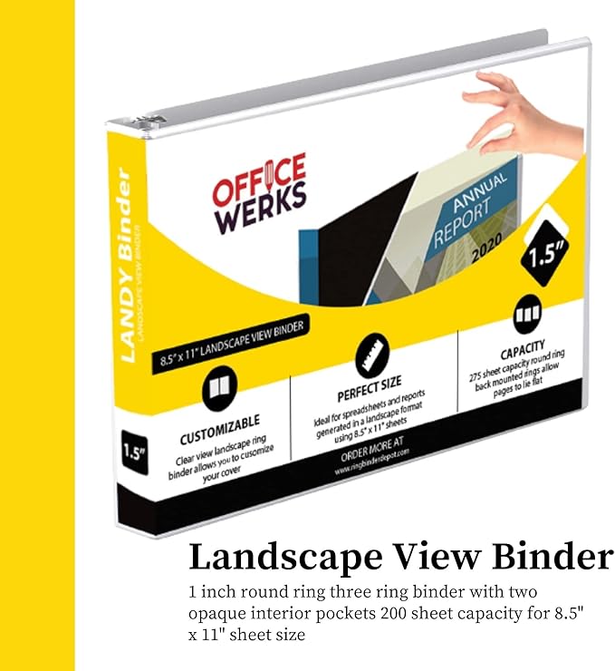 8.5" X 11" Landscape View Binder, 3-Ring 1.5 Inch Capacity Round Ring, White Horizontal Formatted with Clear Cover Pockets for Documents, Spreadsheets, Projects and More