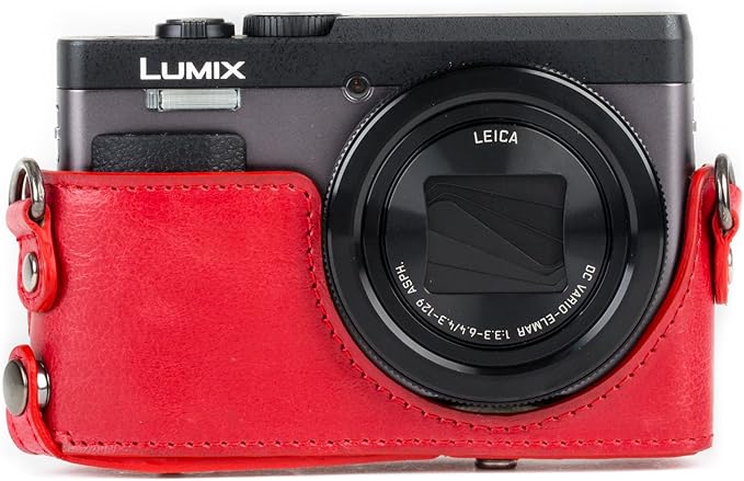 MegaGear MG1262 Ever Ready Leather Camera Case compatible with Panasonic Lumix DC-ZS80, DC-ZS70, DC-TZ95, DC-TZ90 - Red