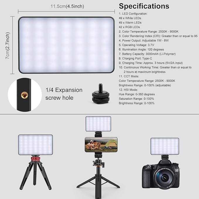 PULUZ 140 RGB Video Lights,Portable LED Camera Light Panel 0-360 Full Color with 1/4 Cold Shoe,CRI 95+ 2500-9000K LED 3000mAh Rechargeable DSLR Lighting for Photography,Video Conference,Vlogging