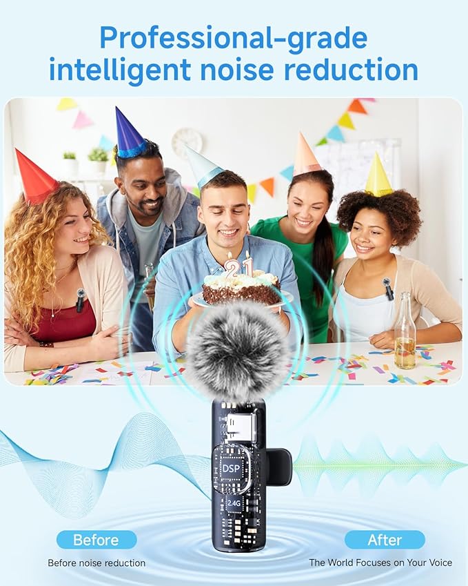PQRQP Mini Microphone for iPhone - 3 in 1 Wireless Microphones for iOS/Android/Camera, Studio-Quality Audio, Plug & Play Clip Mic for Video Recording Podcast