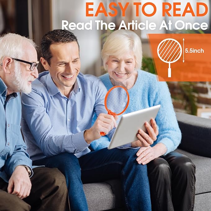 Large Magnifying Glass with Light, Magnifier Handheld Illuminated Lighted Magnifier with 3 LED Lights 1UV Light Storage Bag Clean Cloth for Seniors Reading Inspection (Orange)