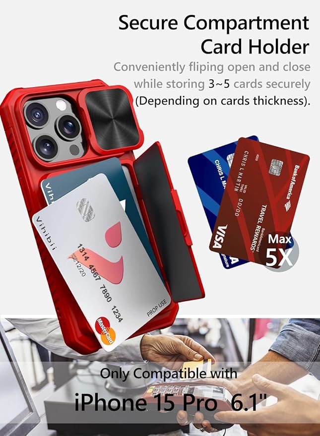 Vihibii for iPhone 15 Pro Wallet Case with Card Holder (4 Cards) & Slide Camera Cover & Kickstand & Raised Edges Protective Screen, Shockproof Rugged Phone Case for iPhone 15 Pro 5G 6.1" 2023, Red