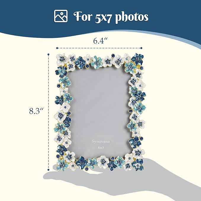Blue Flower Picture Frame 5x7 Blossom Photo Frame for Tabletop Display, Decorative Flower Design Home Decor