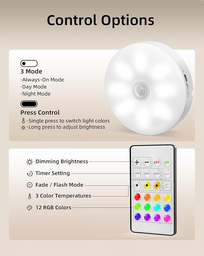 EZVALO Under Cabinet Lighting with Charging Station,1000mAh Rechargeable Puck Lights with Remote, 3 Color Temps & 12 RGB Closet Lights, Dimmable Motion Sensor Lights for Shelf, Kitchen (6 Packs)
