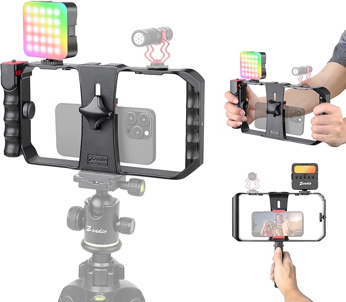 Zeadio Smartphone Video Cage Rig with a RGB Video Light, Fits for All iPhone and Android Smartphones