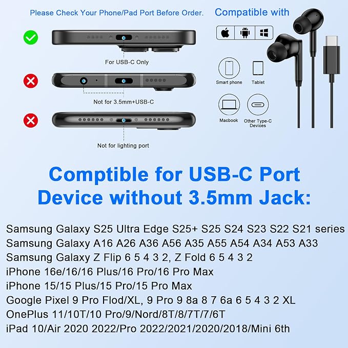 USB C Samsung Earbuds Wired Ear Buds for Samsung Galaxy A16 A17 A36 5G A26 S25 Edge A56 S25 Ultra Plus S24 FE A35 Z Fold 6 USBC In-Ear Headphones Wired Type C Earbud Earphones Headsets with Microphone