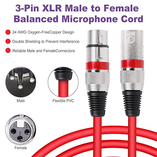 10 Color XLR Cable, Multicolor XLR Male to Female 25ft Audio Cables 10 Pack, 3 Pin Balanced XLR Microphone Cables Color Boots XLR Mic Cord Ideal for Microphones, Live Stage, Speaker, Audio Mixer