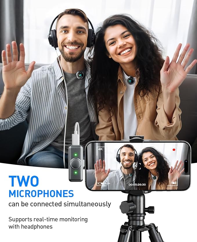 Mini Microphone for iPhone: Wireless Lavalier Microphone for Android - Noise Canceling Magnetic Clip Lapel Mic - Vlogging Recording & Pro Video for Content Creators
